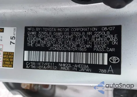 2008 Toyota Prius z USA, uszkodzony, nr VIN JTDKB20U787697865